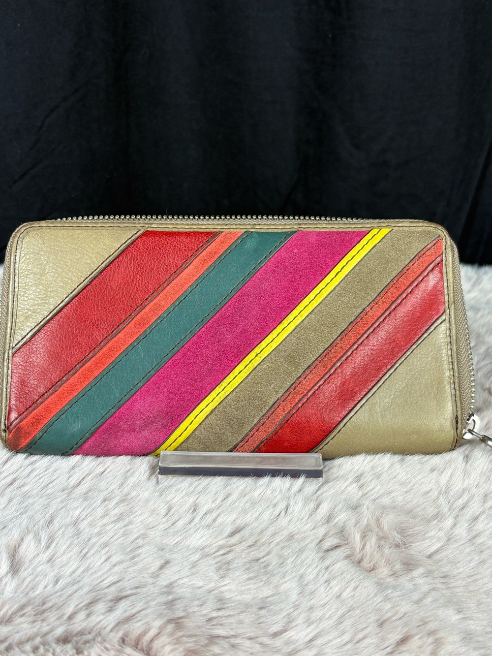 Fossil Vintage Diagonal Multi Stripe Leather and Suede Zip Around Long Wallet